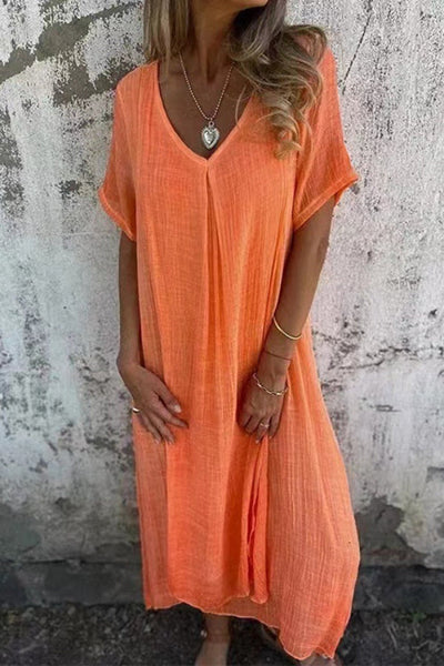Mónica® | Locker geschnittenes Midikleid aus Baumwollleinen mit V-Ausschnitt