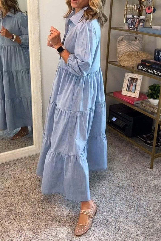 Maureen® | Einfarbiges, lockeres Maxikleid mit elastischen Bündchen am Revers