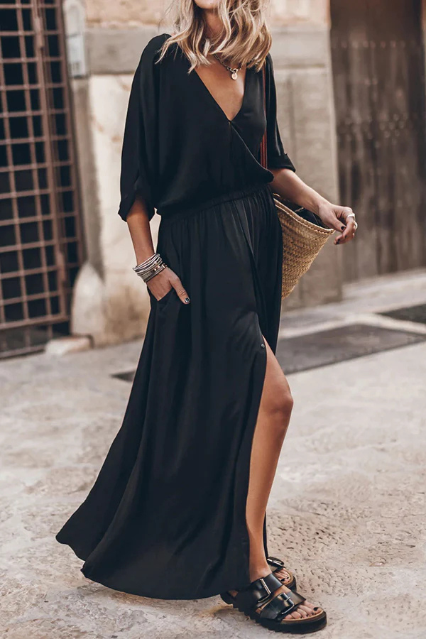 Noemí® | Weiches und elegantes Maxikleid mit Kimonoärmeln, dehnbarer Taille und Taschenschlitz