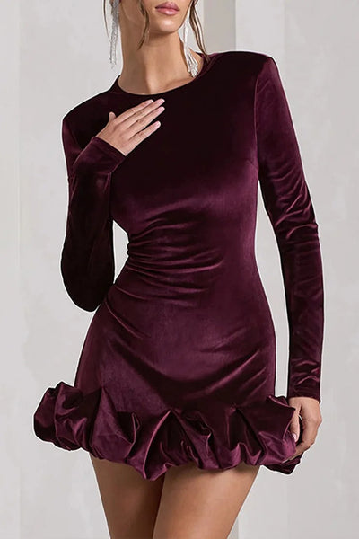 Lauren® | Samt-Minikleid mit rundem Ausschnitt und langen Ärmeln und gerüschtem Puffsaum – Lila