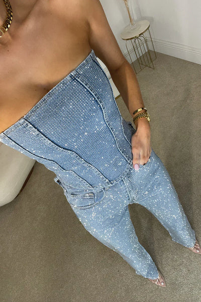 Eleganter Trägerloser Jumpsuit Damen Festlich aus Glänzendem Stretch-Stoff mit Glitzerdetails für Besondere Anlässe