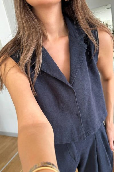 Zelma® | Lässiges, einfarbiges Revers-Weste- und Hosen-Zweiteiler-Set aus Baumwollleinen