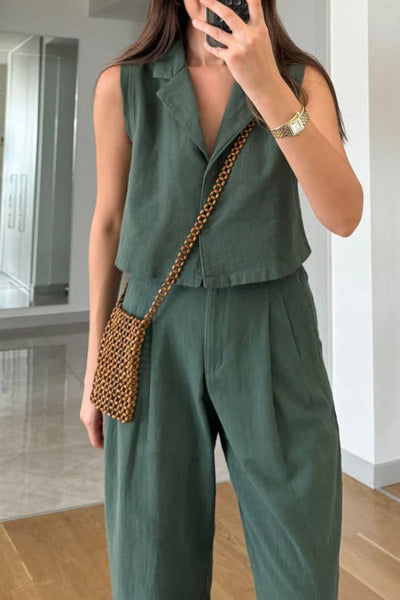 Zelma® | Lässiges, einfarbiges Revers-Weste- und Hosen-Zweiteiler-Set aus Baumwollleinen