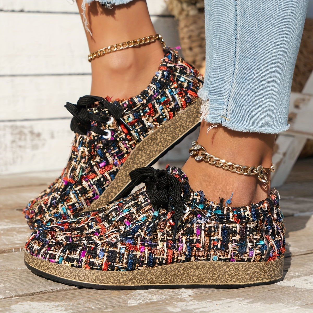 Damen Vintage Gewebte SchnürSchuhe