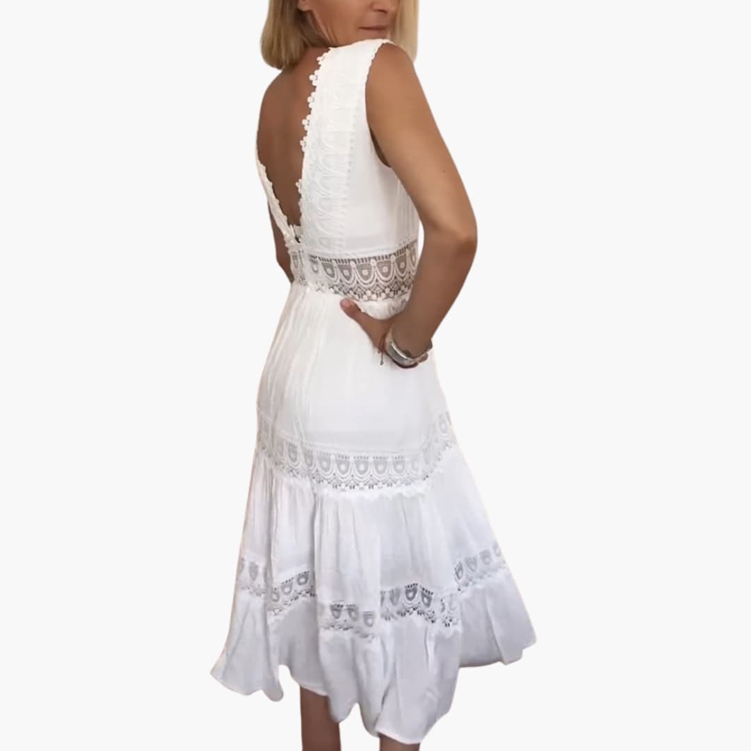 Damen Spitzenkleid ohne Ärmel mit V-Rücken und Stufenrock