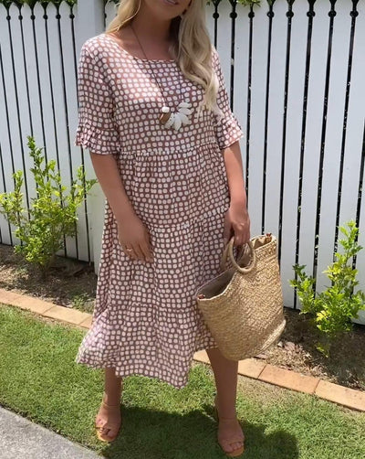 Damen kurzärmeliges midikleid mit rundhalsausschnitt