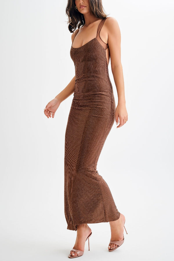 Lila® | Midnight Fantasy Stretch-Maxikleid mit Pailletten und Netzträgern und offenem Rücken