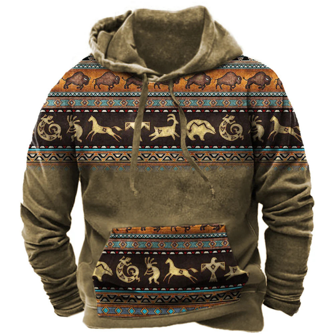 Herren Vintage Tribal Print Kapuzenpulli | Kängurutasche
