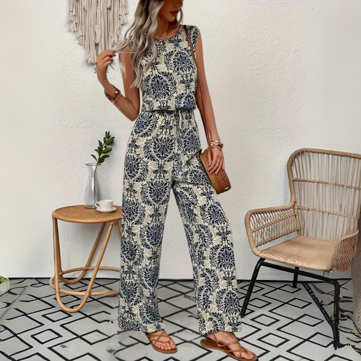 Gemusterter Ärmelloser Jumpsuit Für Damen