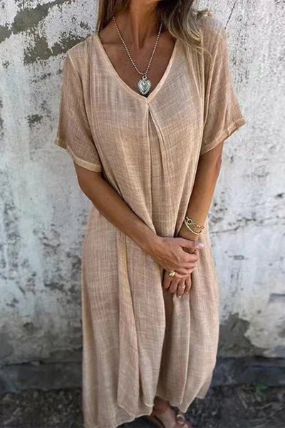 Mónica® | Locker geschnittenes Midikleid aus Baumwollleinen mit V-Ausschnitt