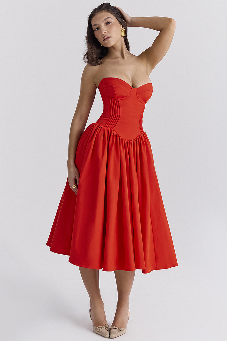 Lisa® | Trägerloses Korsett-Midikleid mit plissiertem Saum für Abschlussball und Party – Rot