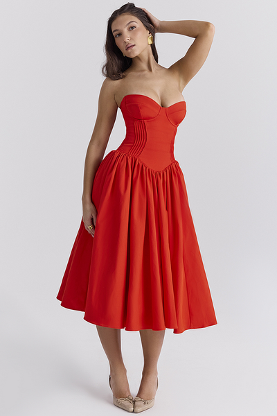 Lisa® | Trägerloses Korsett-Midikleid mit plissiertem Saum für Abschlussball und Party – Rot