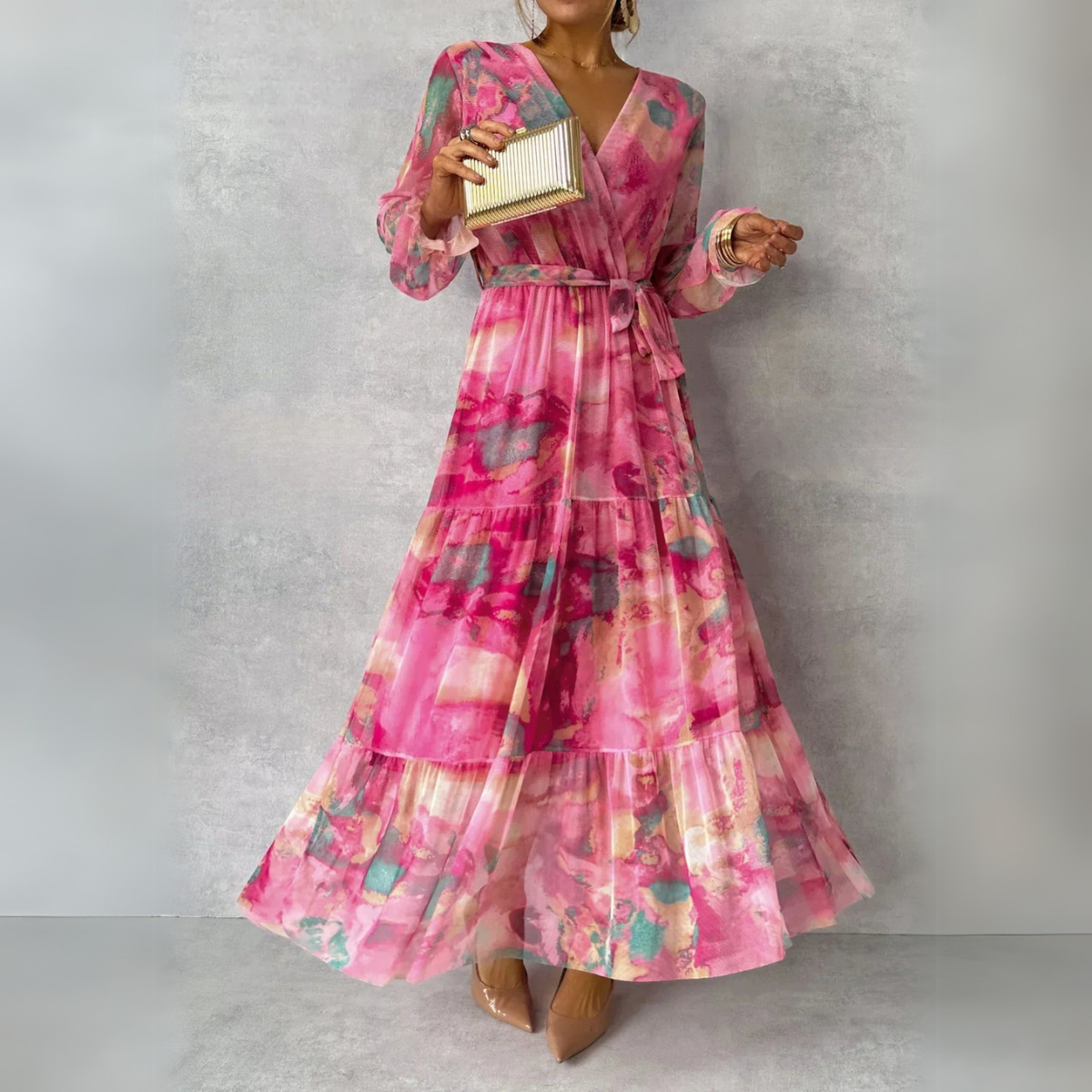 Bedrucktes Maxi-Kleid mit Bindegürtel für Damen