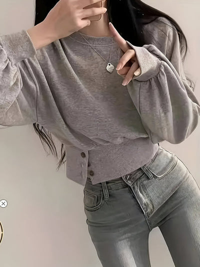 Letia - lässiger luxus elegantes t-shirt in uni mit knopfdetail