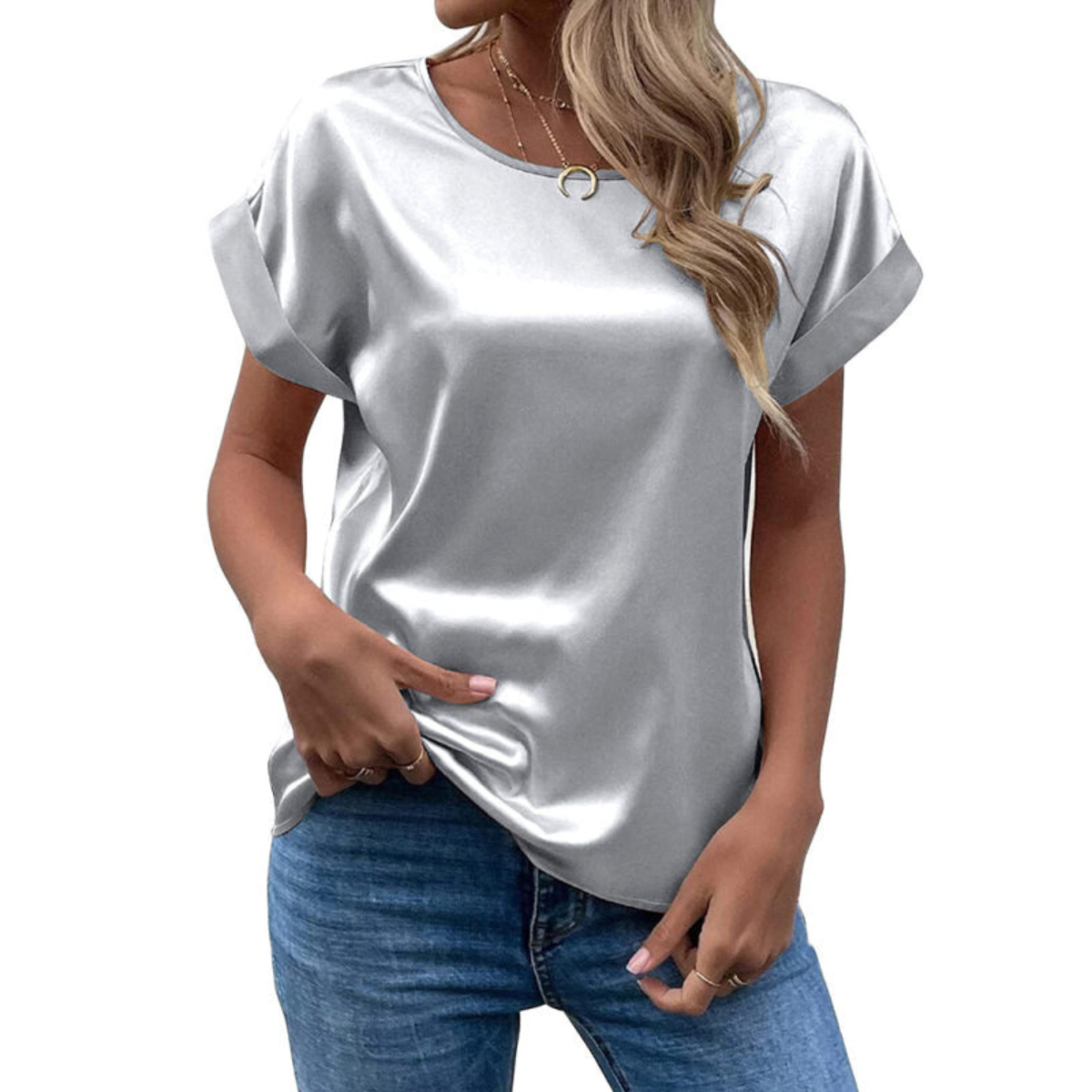 Glänzende Satin Kurzarm Bluse Für Damen