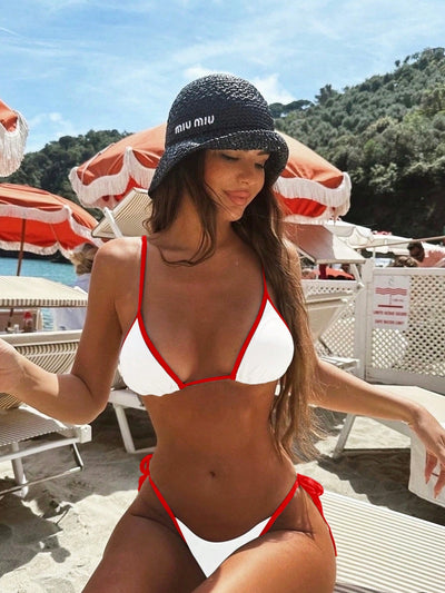 Sexy Triangel-Bikini in Marineblau mit Kontrast-Saum – Minimalistisches 2-teiliges Set zum Schnüren