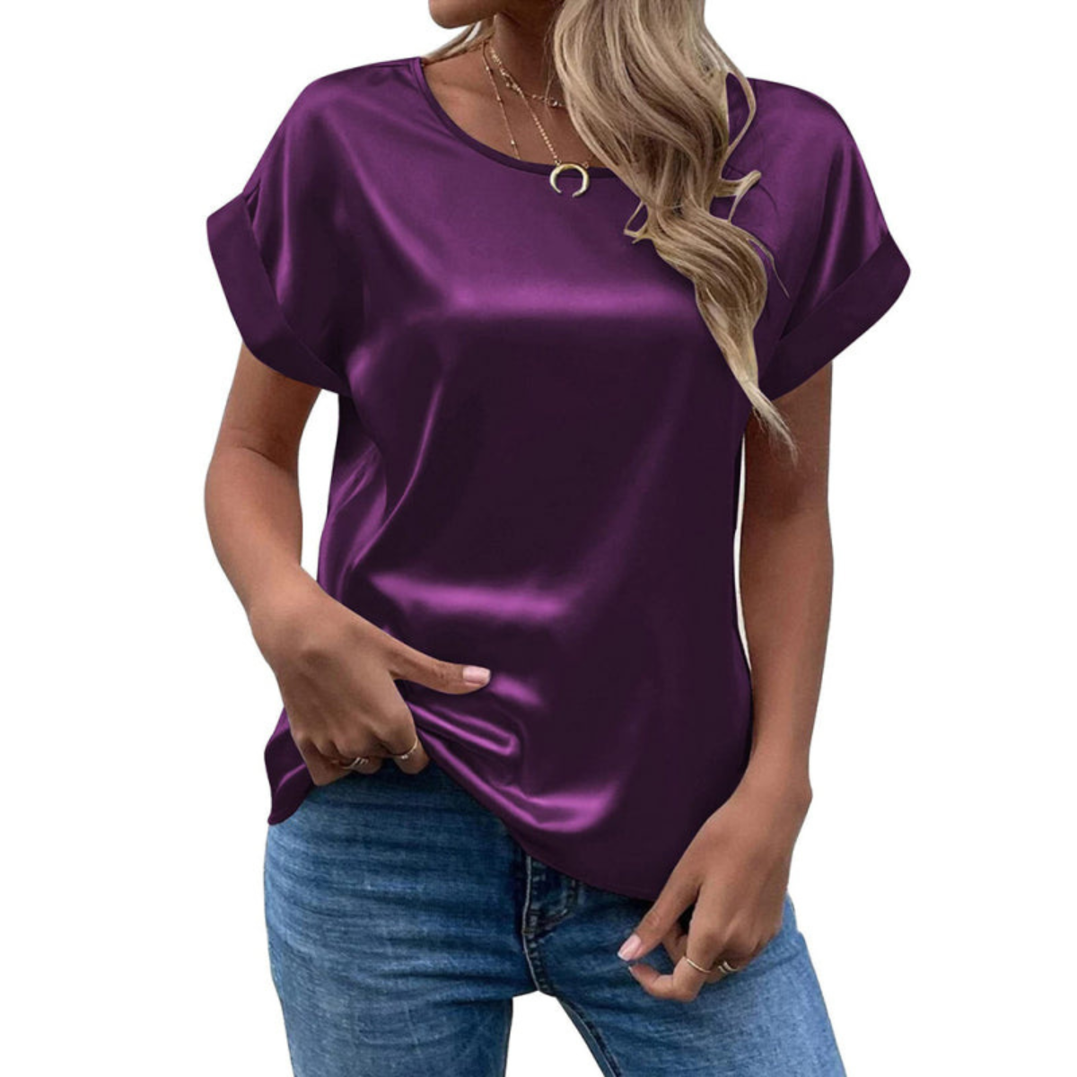 Glänzende Satin Kurzarm Bluse Für Damen