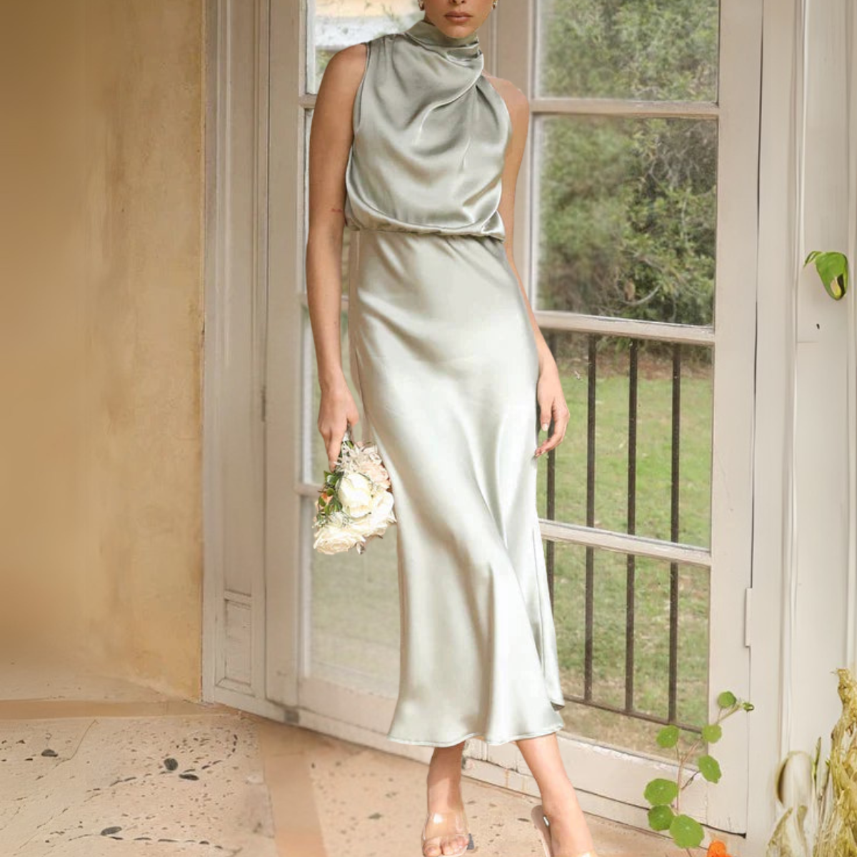 Drapiertes Neckholder-Midikleid Für Damen