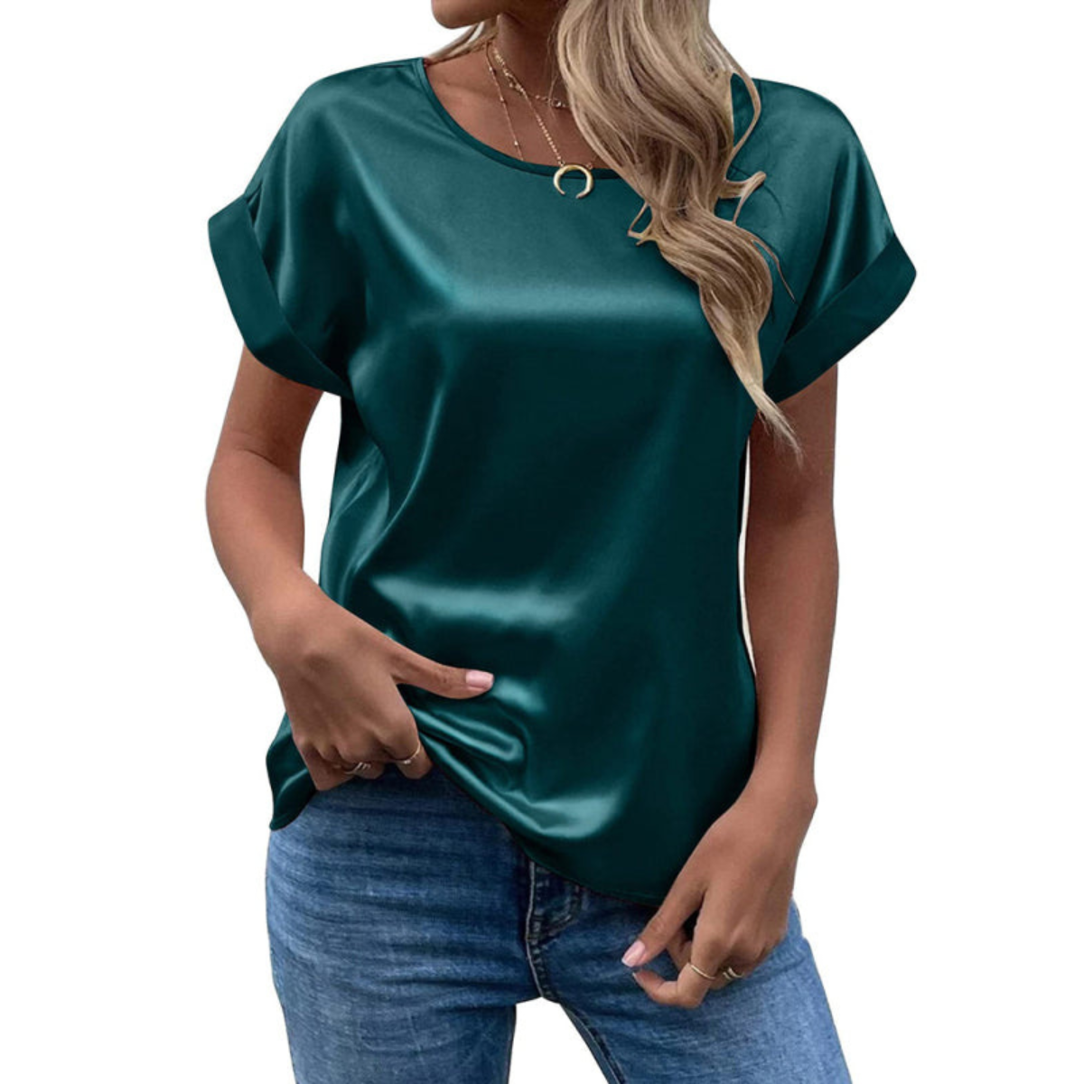Glänzende Satin Kurzarm Bluse Für Damen