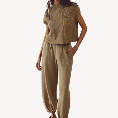 Geripptes Strick-Zweiteiler-Hosen-Set für Damen