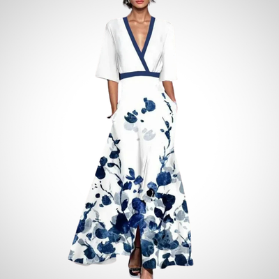 Damen Maxi Kleid mit V-Ausschnitt und drei Viertel-Ärmeln