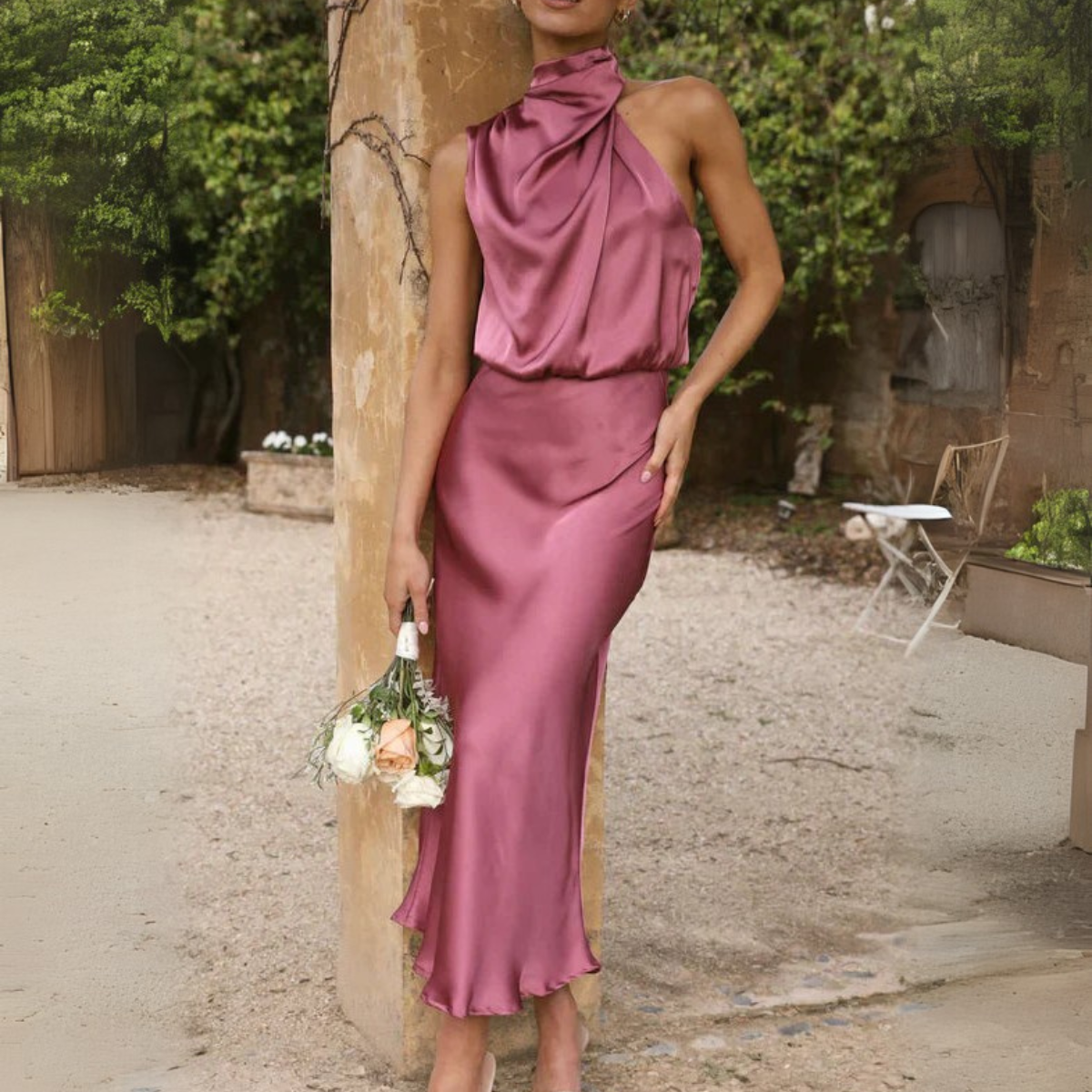 Drapiertes Neckholder-Midikleid Für Damen