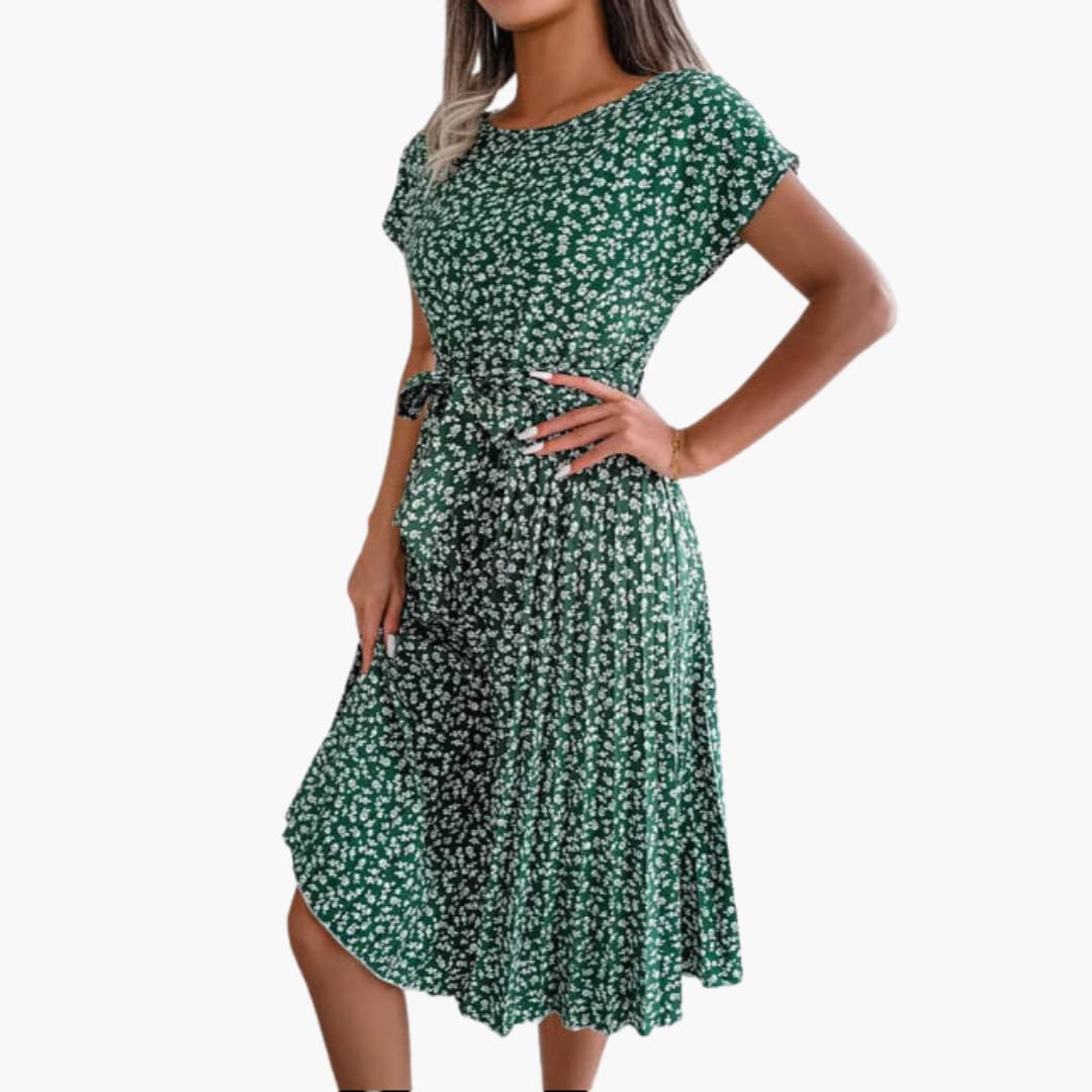 Sommerkleid Damen - Blumenkleid mit Gürtel und Kurzarm