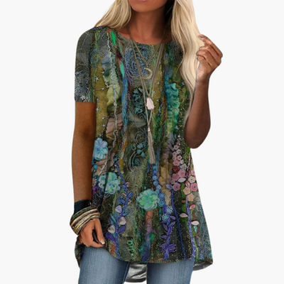 Geblümte Bluse für Damen - Kurzarm, Mehrfarbig, Elegant