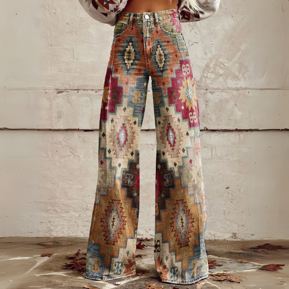 Vintage gemusterte Weitbein-Hose für Damen