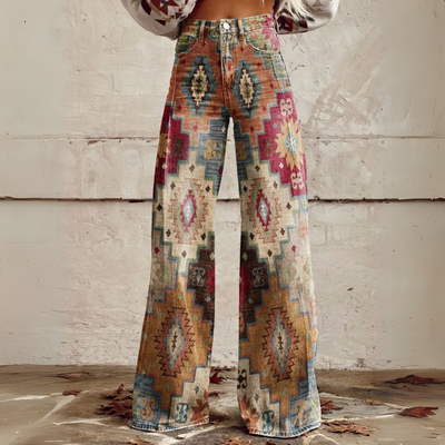 Vintage gemusterte Weitbein-Hose für Damen