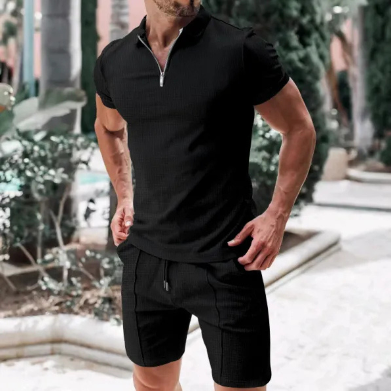 Halbreißverschluss-Poloshirt und Shorts für Herren