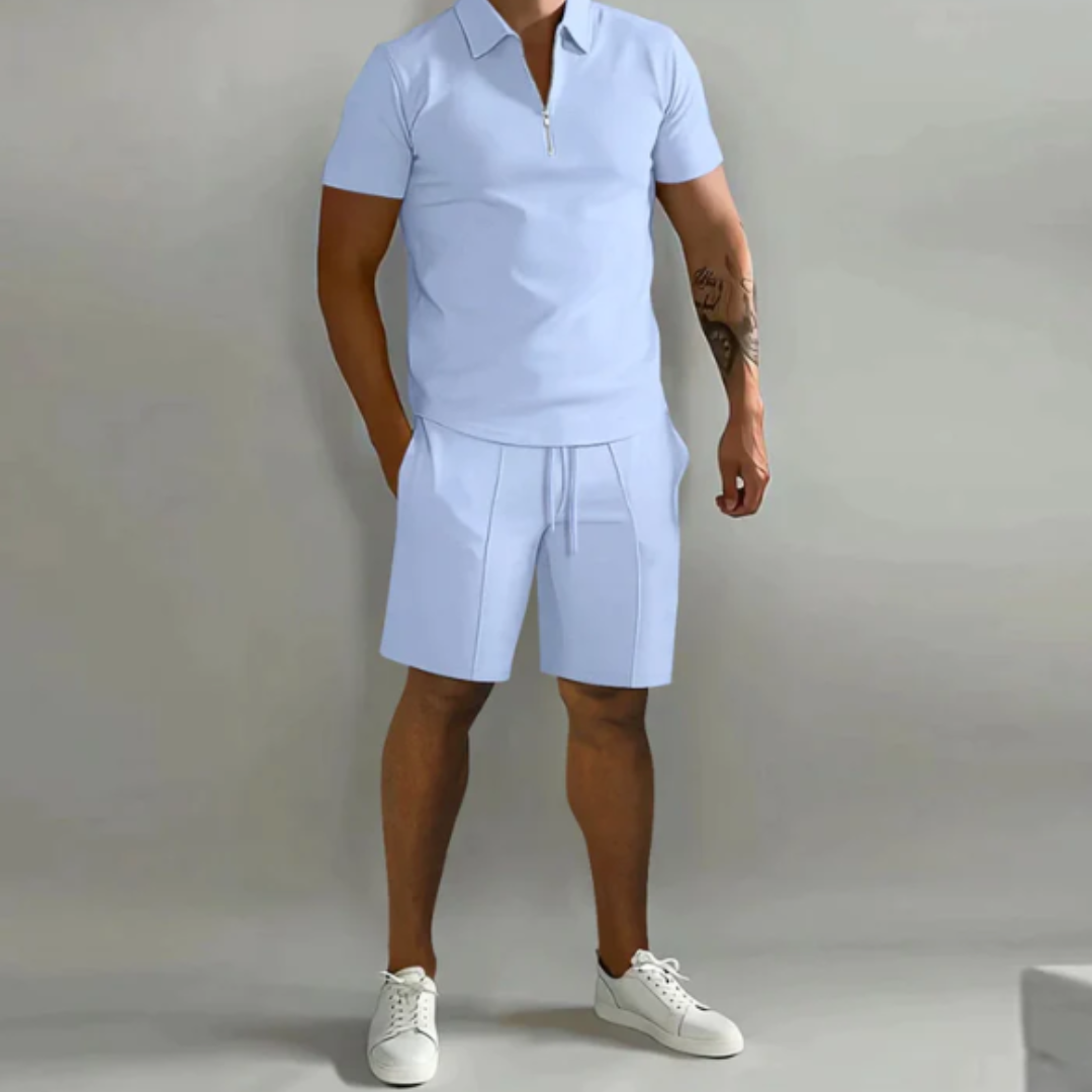 Herren Sommer Co Ord Kordelzug Shorts Und Halb Zip Oberteil Set | Zwei Teile