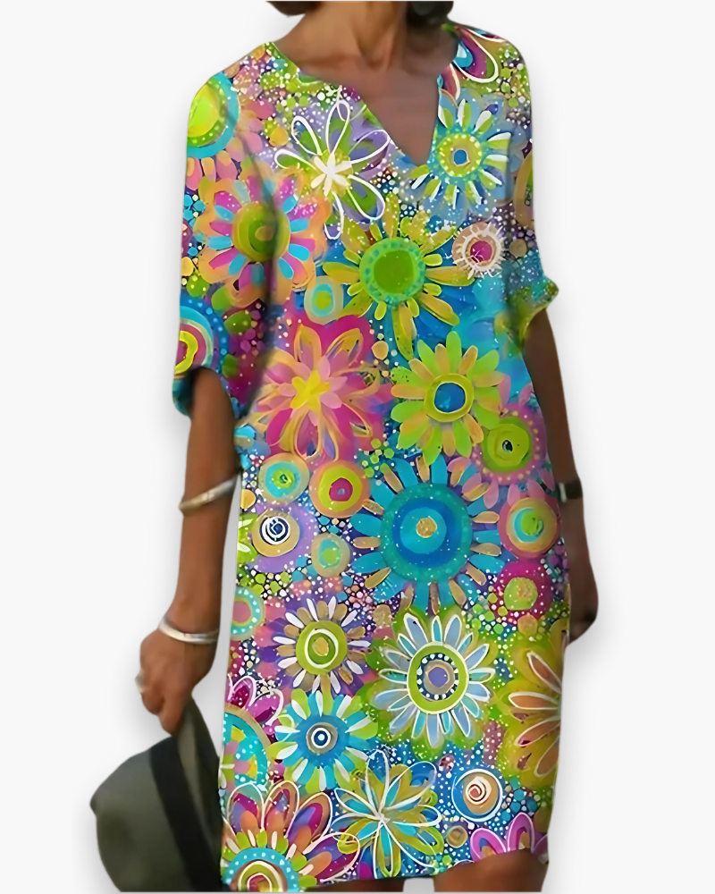 Damen Midi Kleid mit V-Ausschnitt | Blumenlook