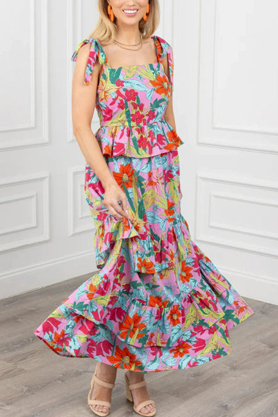Iliana® | Mehrfarbiges mehrlagiges Maxikleid mit Boho-Blumendruck, Knotenträger und Rüschen
