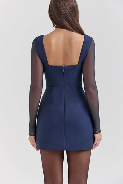 Kayla® | Langärmliges A-Linien-Minikleid mit tiefem V-Ausschnitt, Mesh-Patchwork, Blau [Vorbestellung]