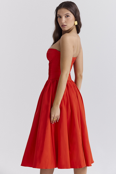Lisa® | Trägerloses Korsett-Midikleid mit plissiertem Saum für Abschlussball und Party – Rot