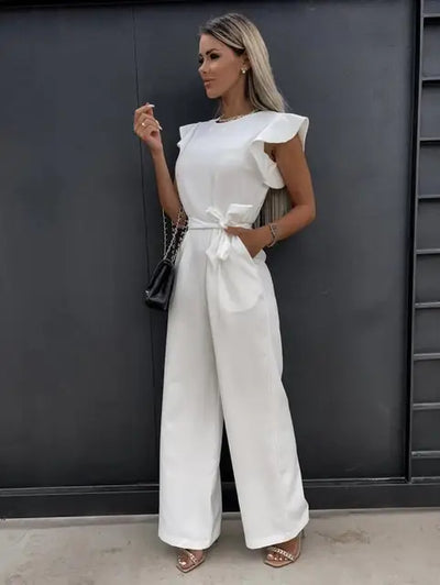 Jumpsuit für frauen mit rüschenärmeln und gürtel