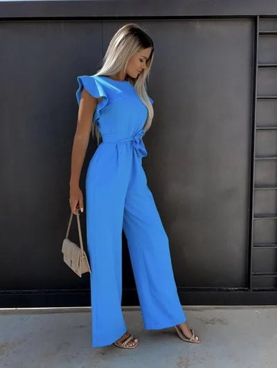 Jumpsuit für frauen mit rüschenärmeln und gürtel