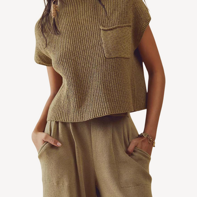 Geripptes Strick-Zweiteiler-Hosen-Set für Damen