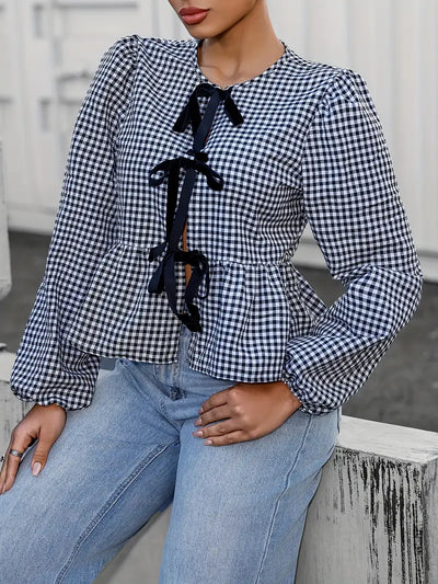 Daniela | Vintage Schwarz-Weiß Karierte Bubble Langarm-Bluse