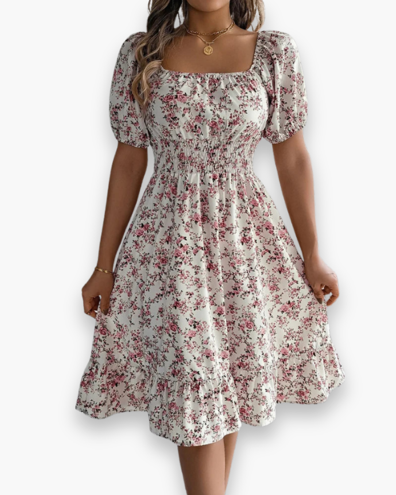 Damen Romantisches Shirred Midi Kleid | Blumenmuster