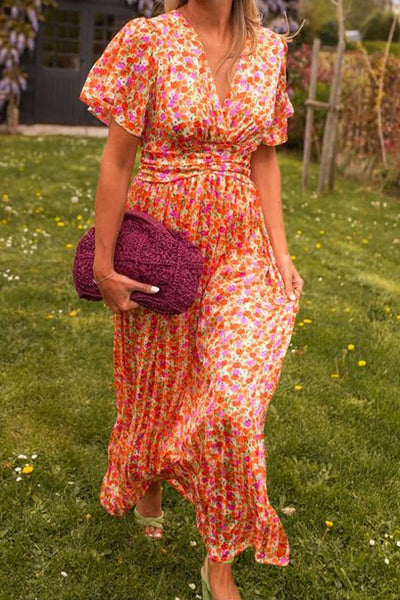 Langes damenkleid mit v-ausschnitt