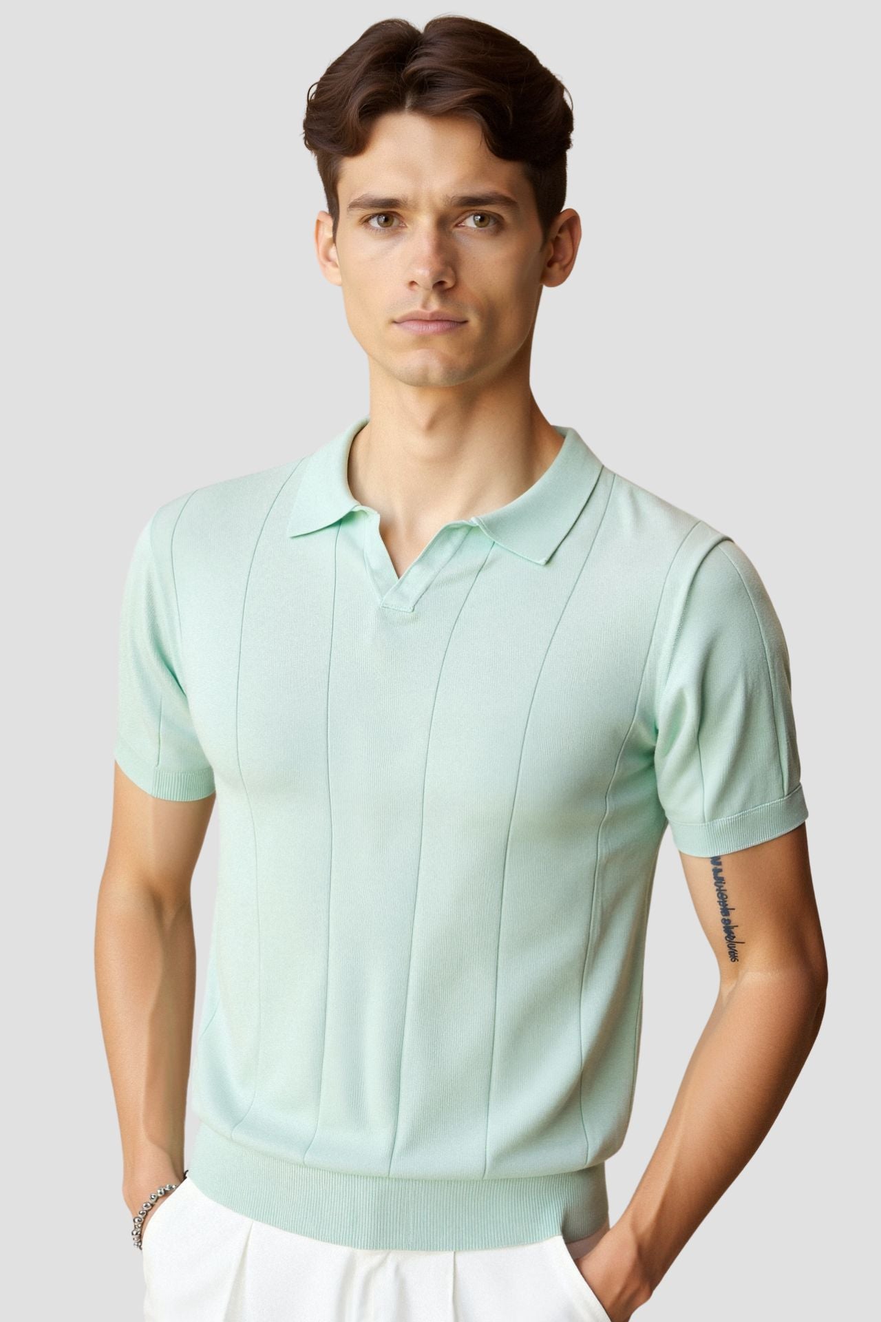 Retro-Strick-Poloshirt in Mintgrün