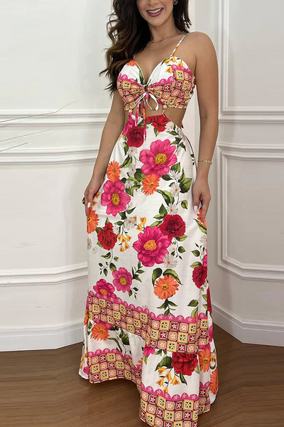 Irina® | Urlaubs-Maxikleid im Mexiko-Stil mit tropischem Print und Ringausschnitt zum Schnüren