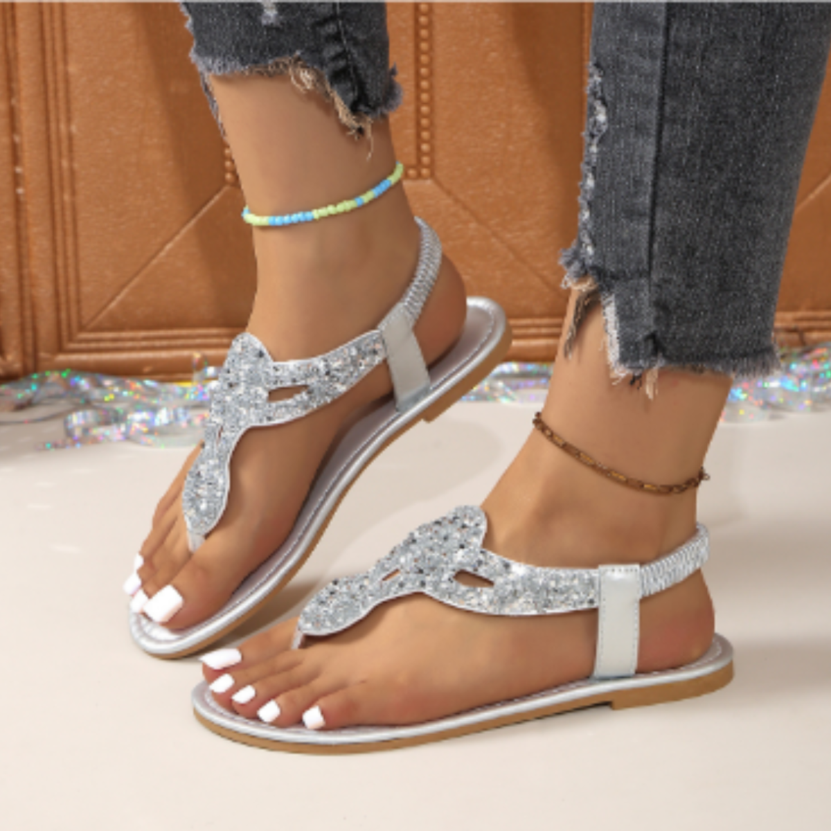 Glitzernde Riemchensandalen Offenes Design Für Damen
