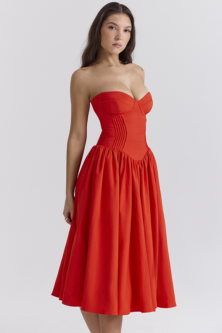Lisa® | Trägerloses Korsett-Midikleid mit plissiertem Saum für Abschlussball und Party – Rot