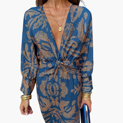 Midikleid für Damen - Blumenmuster, Langarm & V-Ausschnitt