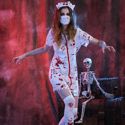 Damen Halloween Kostüm | Kurzarm Kleid mit Blutflecken und Reißverschluss