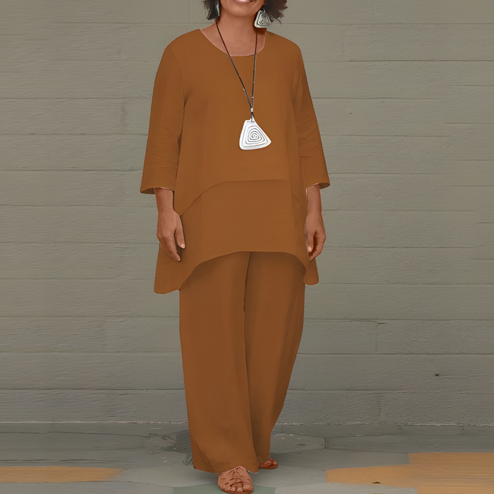 Damen Leinen-Set mit Rundhalstop und passender Hose