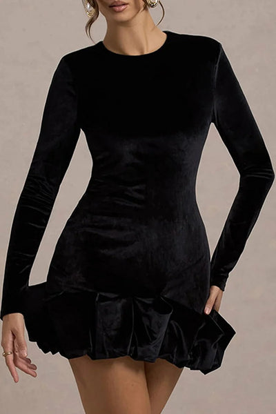 Lauren® | Samt-Minikleid mit rundem Ausschnitt und langen Ärmeln und gerüschtem Puffsaum – Lila